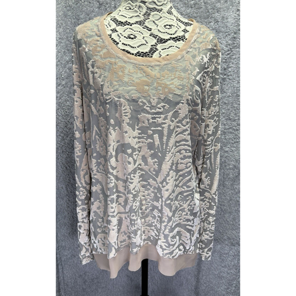 Vera Wang‎ Large Beige Burnout Velvet Top Sheer Blouse Long Slv High Low Fairy - Picture 1 of 9